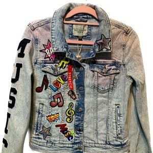 Denim Embroidered Patch Work Music Jacket